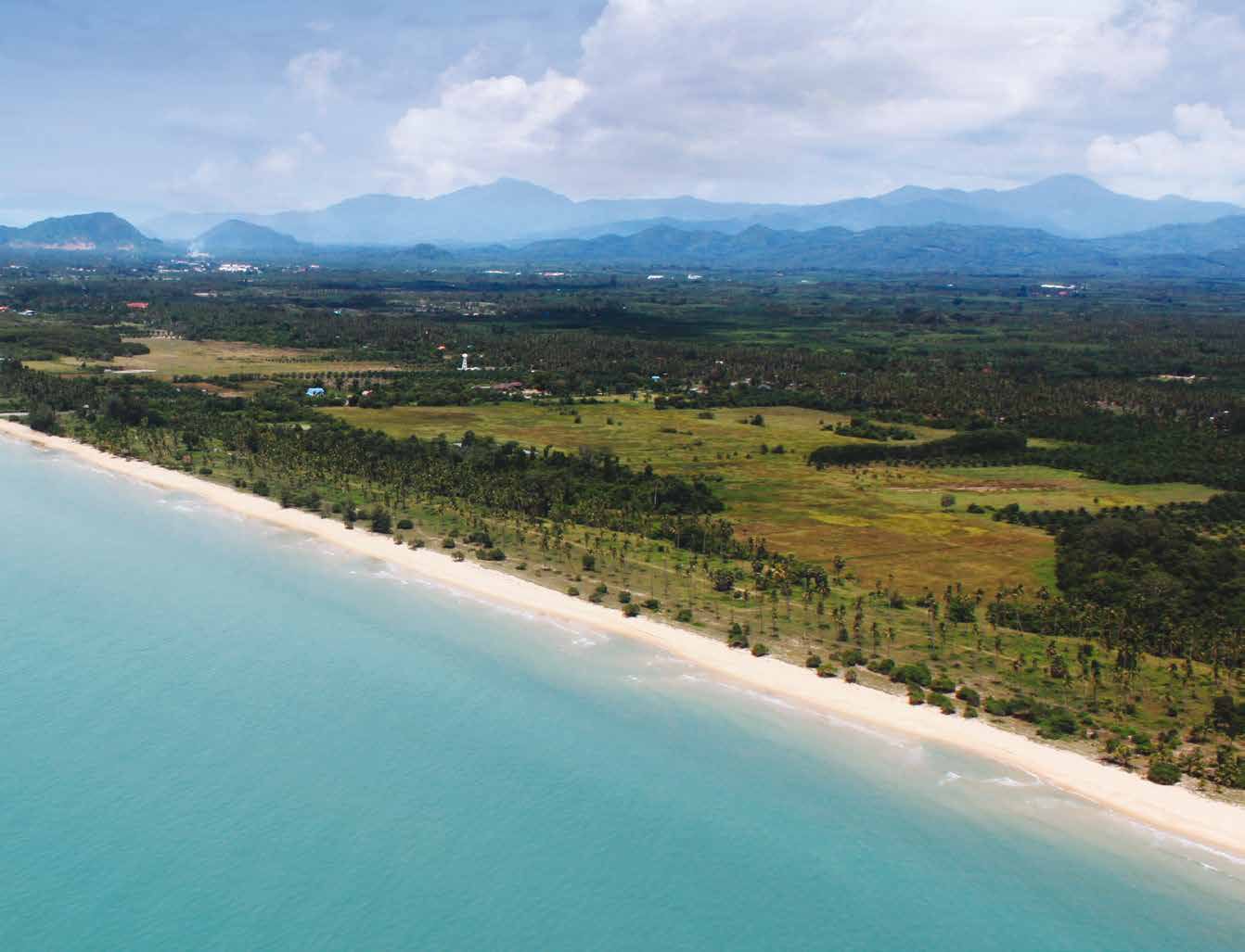 Aerial view of a kilometre of white-sand beach at Sichon backed by coconut groves and the Khao Luang mountains