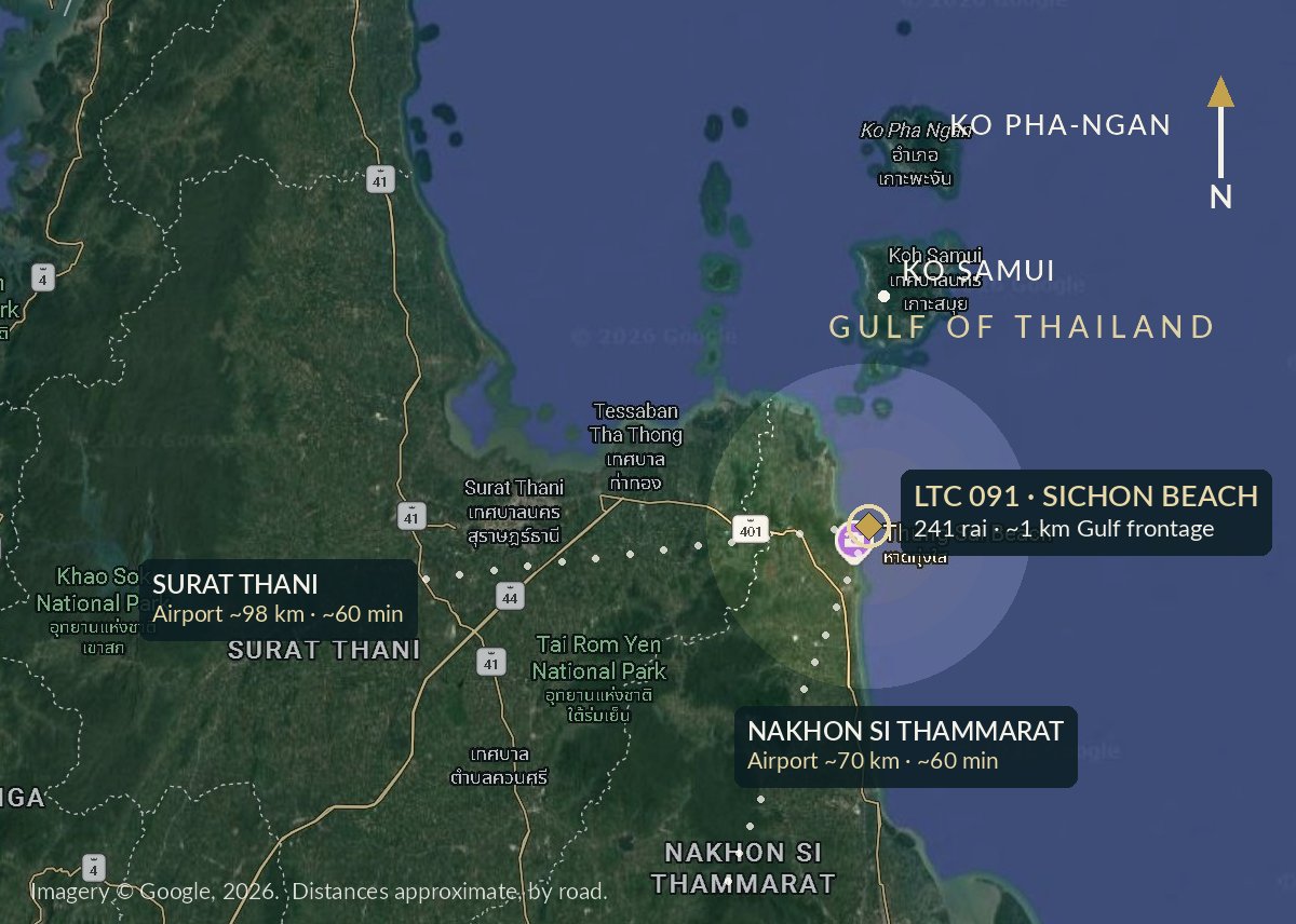 Regional map showing Sichon Beach relative to Koh Samui, Surat Thani and Nakhon Si Thammarat airports