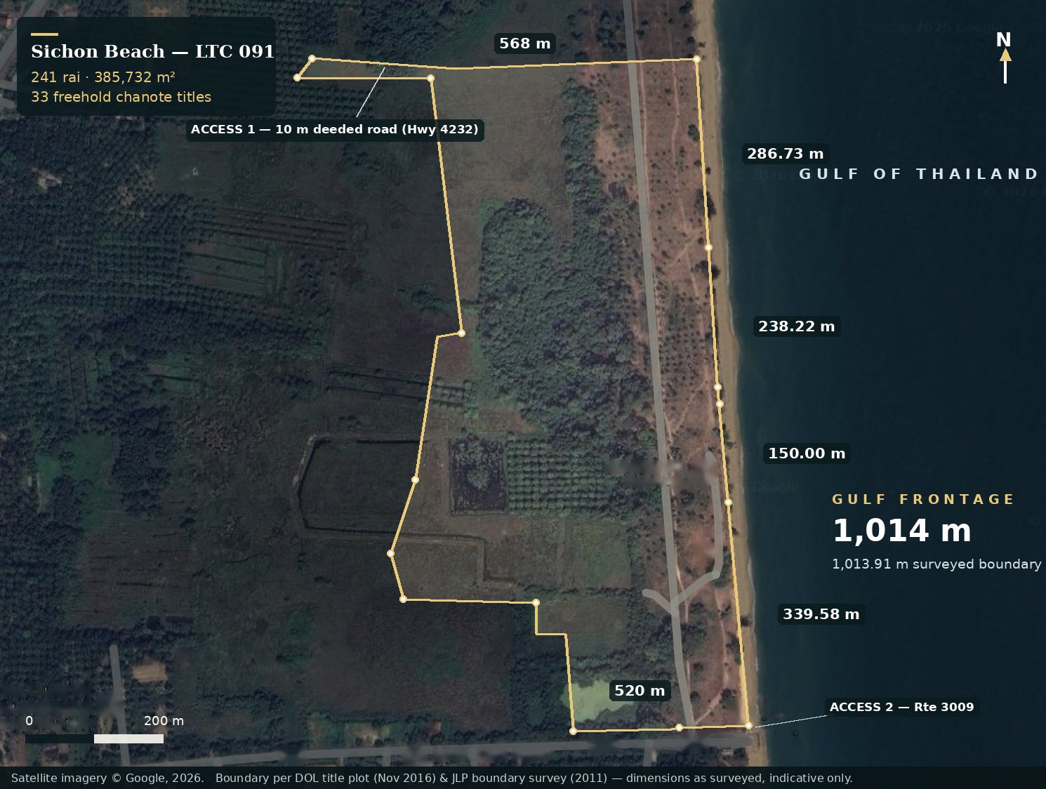 Annotated satellite title plan of the Sichon site showing the boundary, 1,014 m beach frontage and two access points